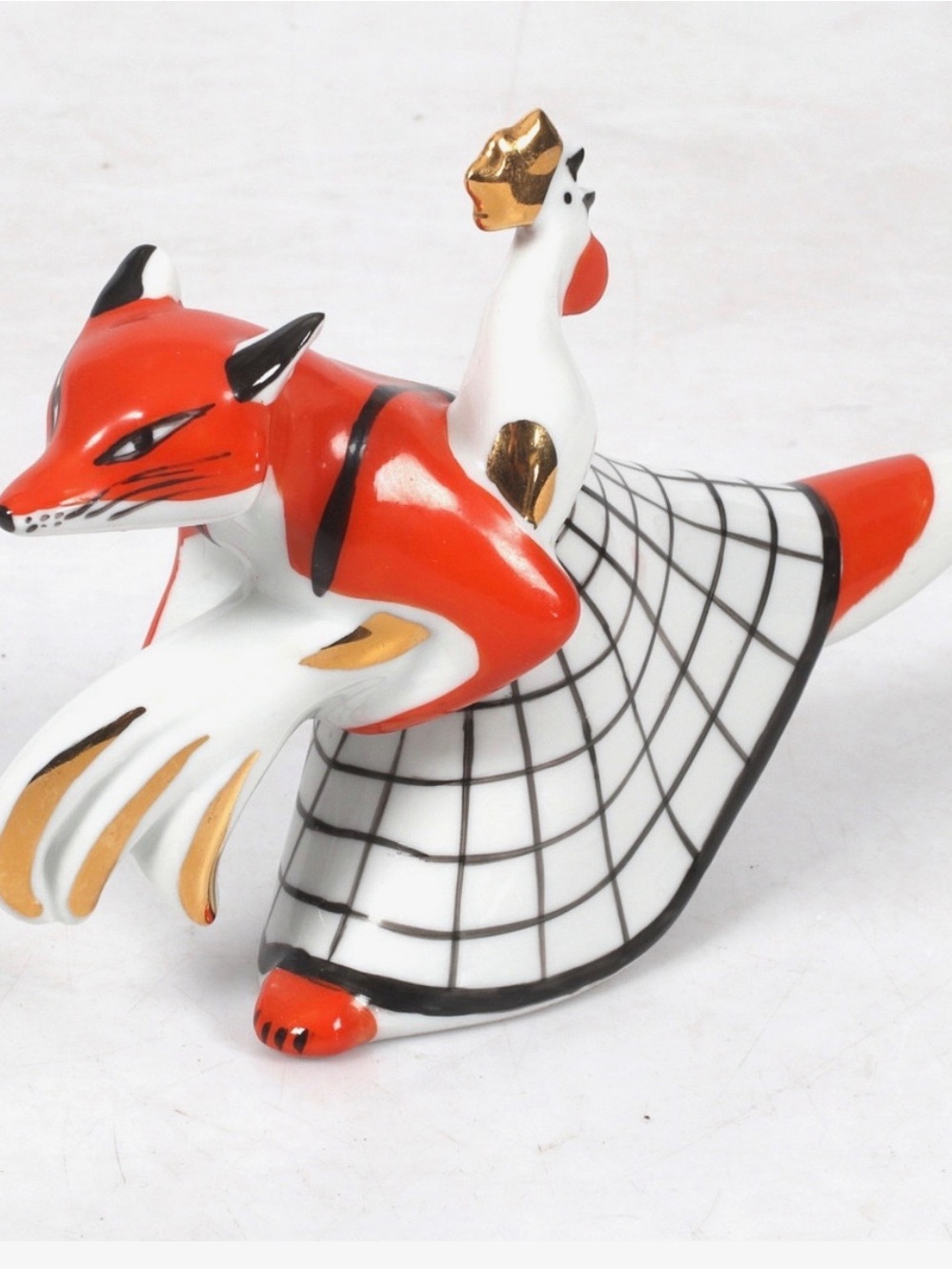 Porcelain Fox Figurine in Red, White & Gold
